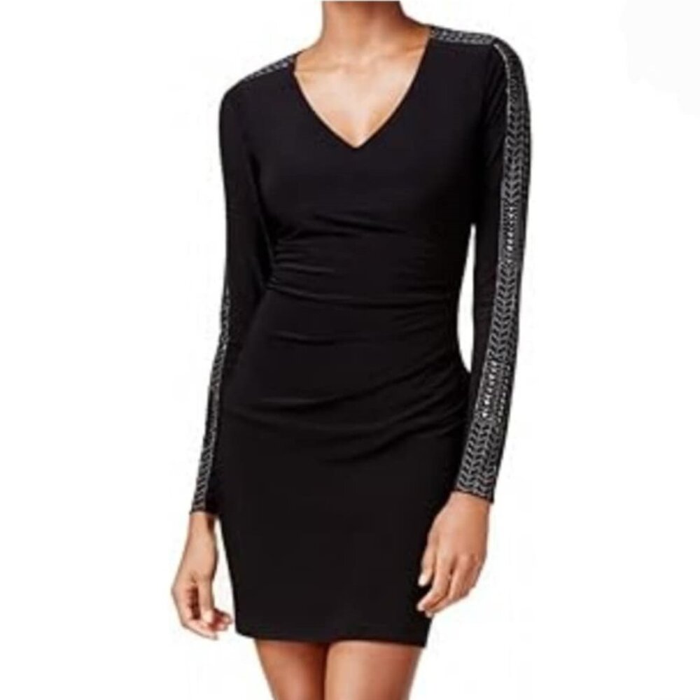 GUESS Studded Sleeve Ruched Long Sleeve Sheath LBD Dress